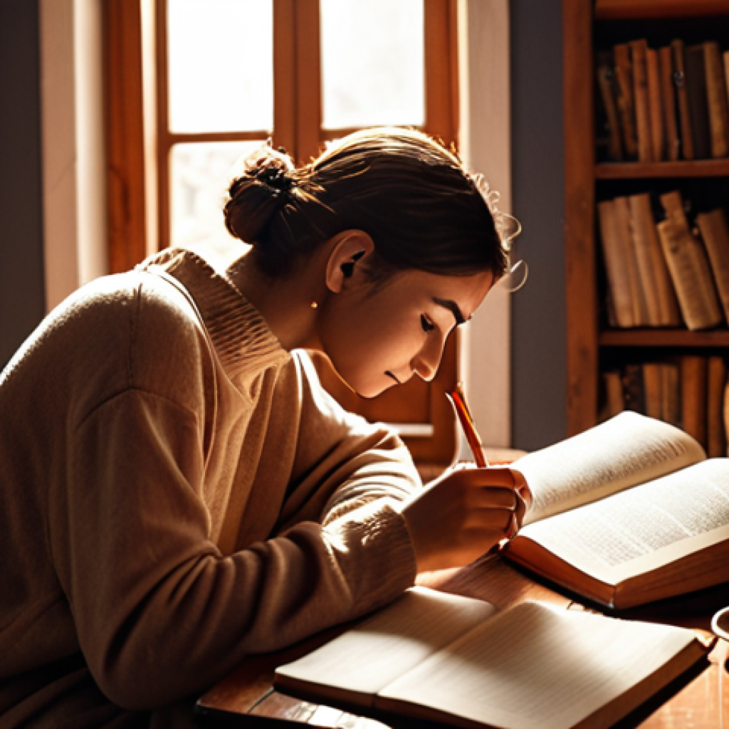 **A person journaling in a cozy, warmly lit room, surrounded by books and a cup of Turkish tea, reflecting on their emotions.** (Focus: Emotional Awareness, self-reflection)
