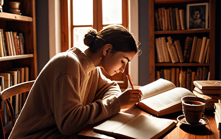 **A person journaling in a cozy, warmly lit room, surrounded by books and a cup of Turkish tea, reflecting on their emotions.** (Focus: Emotional Awareness, self-reflection)